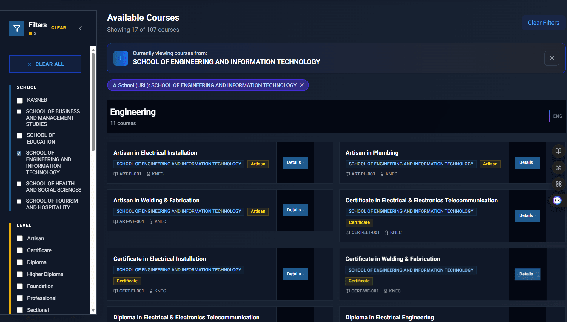 64 College desktop screenshot in dark mode