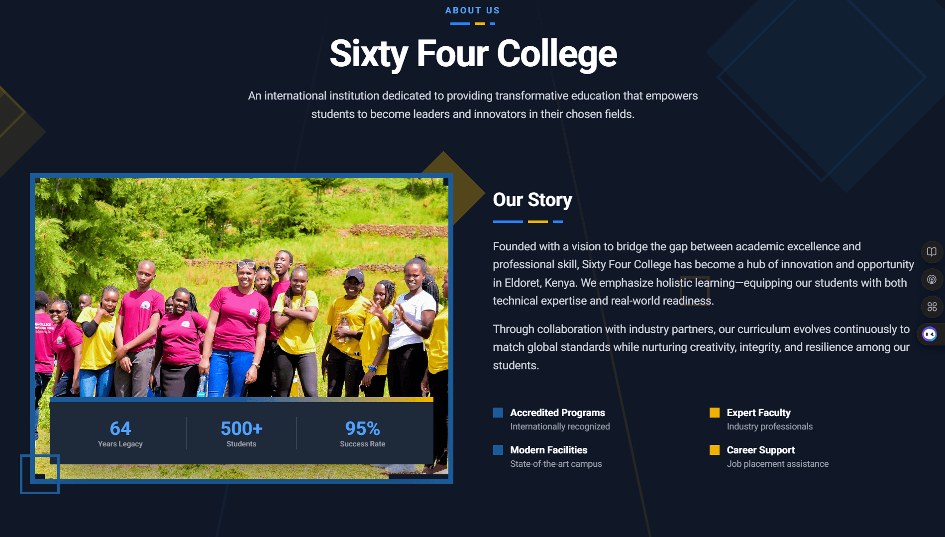 64 College desktop screenshot in dark mode