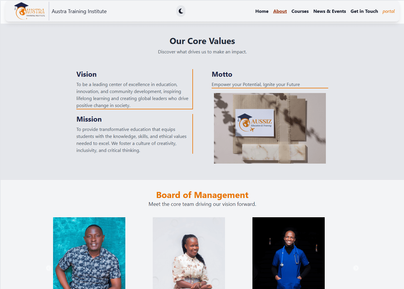 Austra Training Institute desktop screenshot in light mode