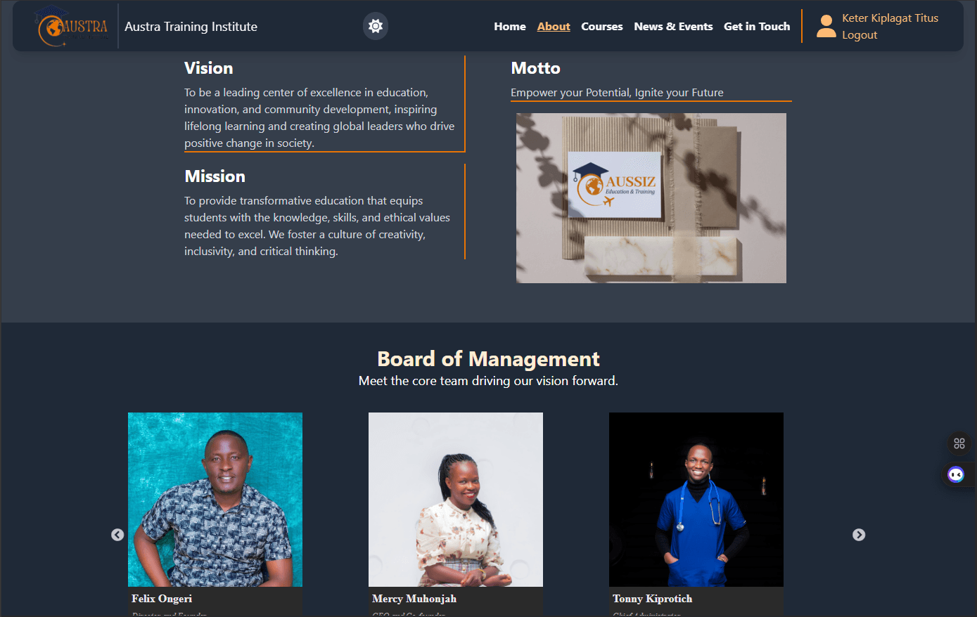 Austra Training Institute desktop screenshot in dark mode