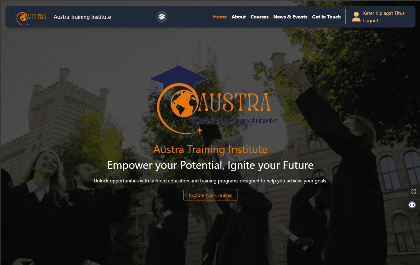 Austra Training Institute desktop screenshot in dark mode