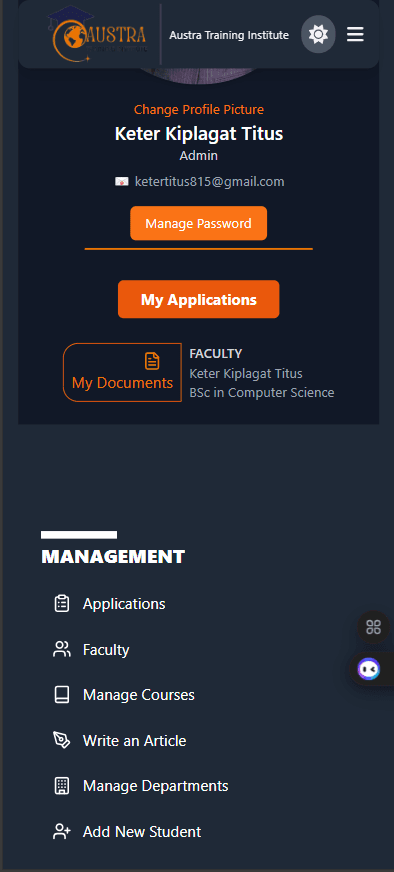 Austra Training Institute mobile screenshot in dark mode