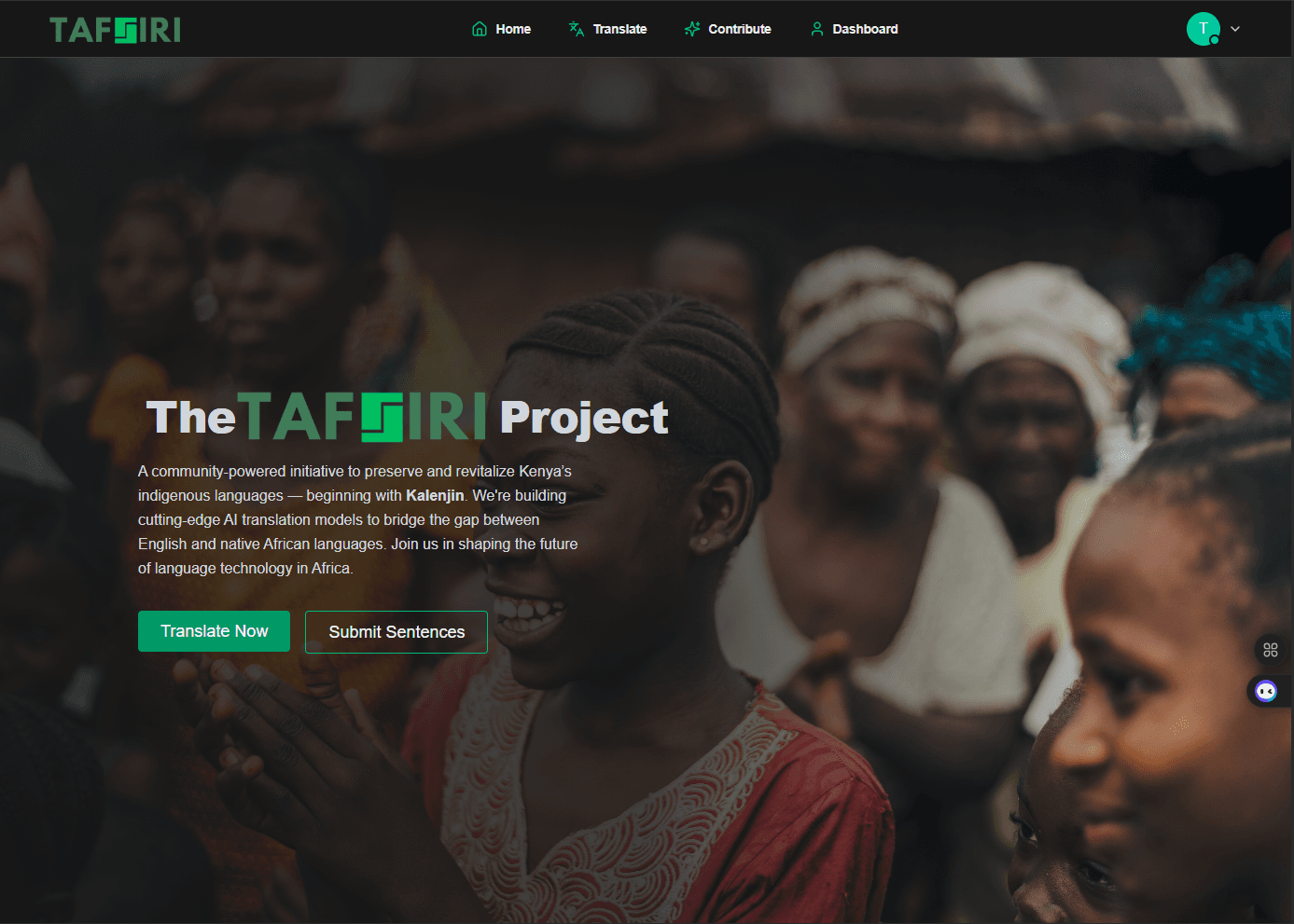 Tafsiri community project desktop screenshot in dark mode