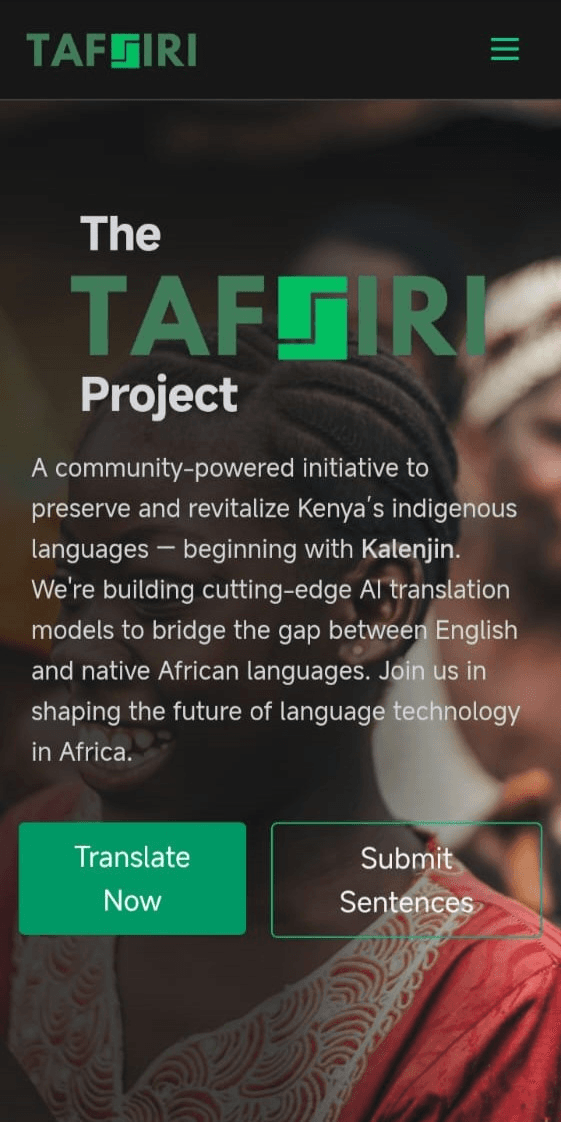 Tafsiri community project mobile screenshot in dark mode