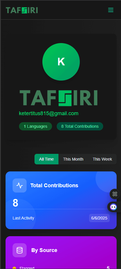 Tafsiri community project mobile screenshot in dark mode
